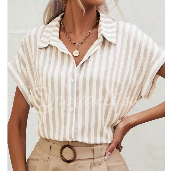 Striped White Khaki Short Batwing Sleeve Button Down Shirt - Picture 1 of 7